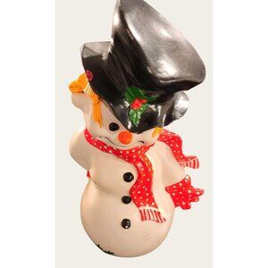 Vintage Ceramic Snowman Figurine With Polka Dot Scarf  Top Hat Decoration